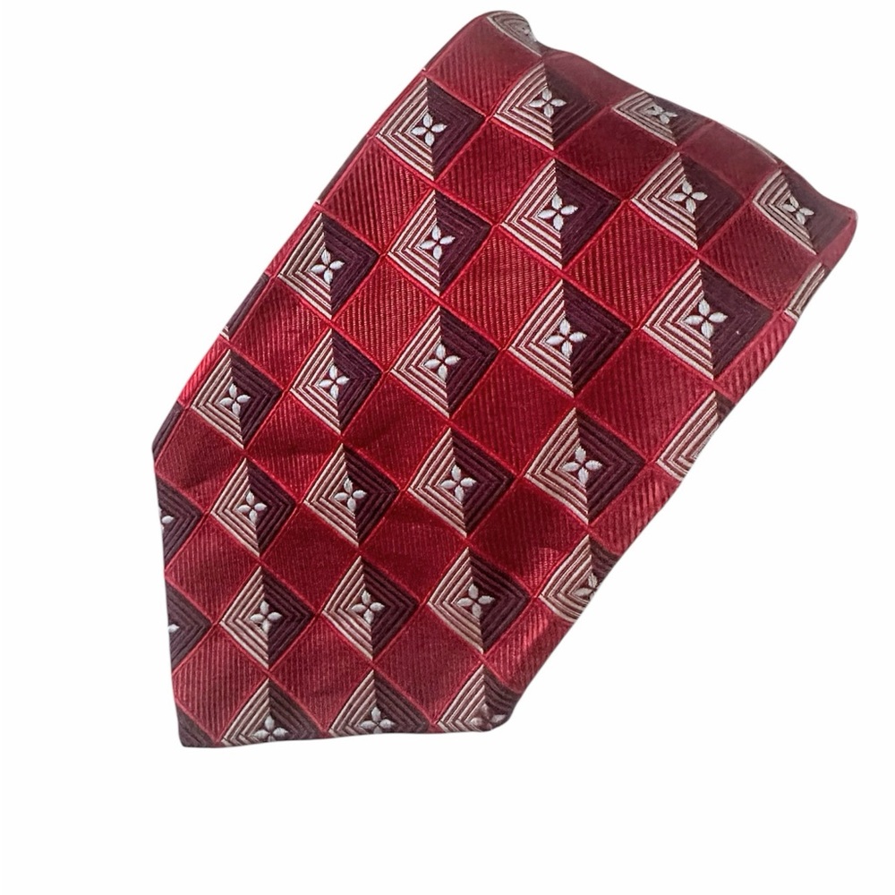 Robert Talbott Best of Class  Red Silver/Gray Geometric Tie Hand Sewn Silk USA